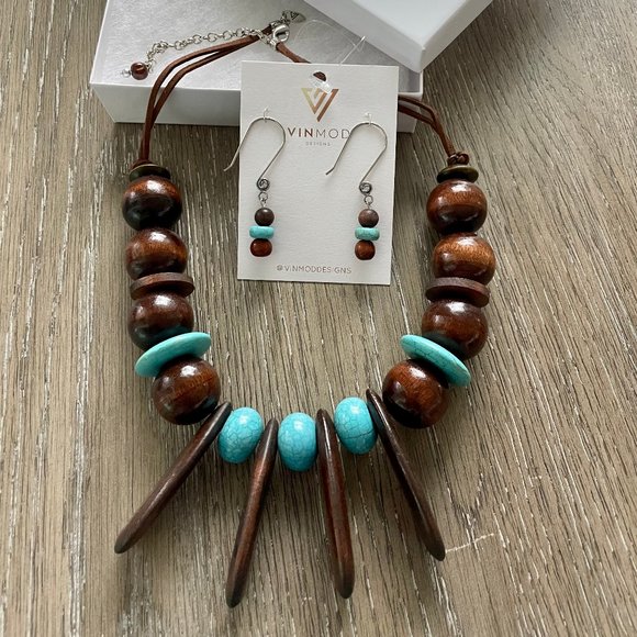 VINMOD Designs Wood Beads & Turquoise Color & Earring Set 23" - Picture 2 of 5